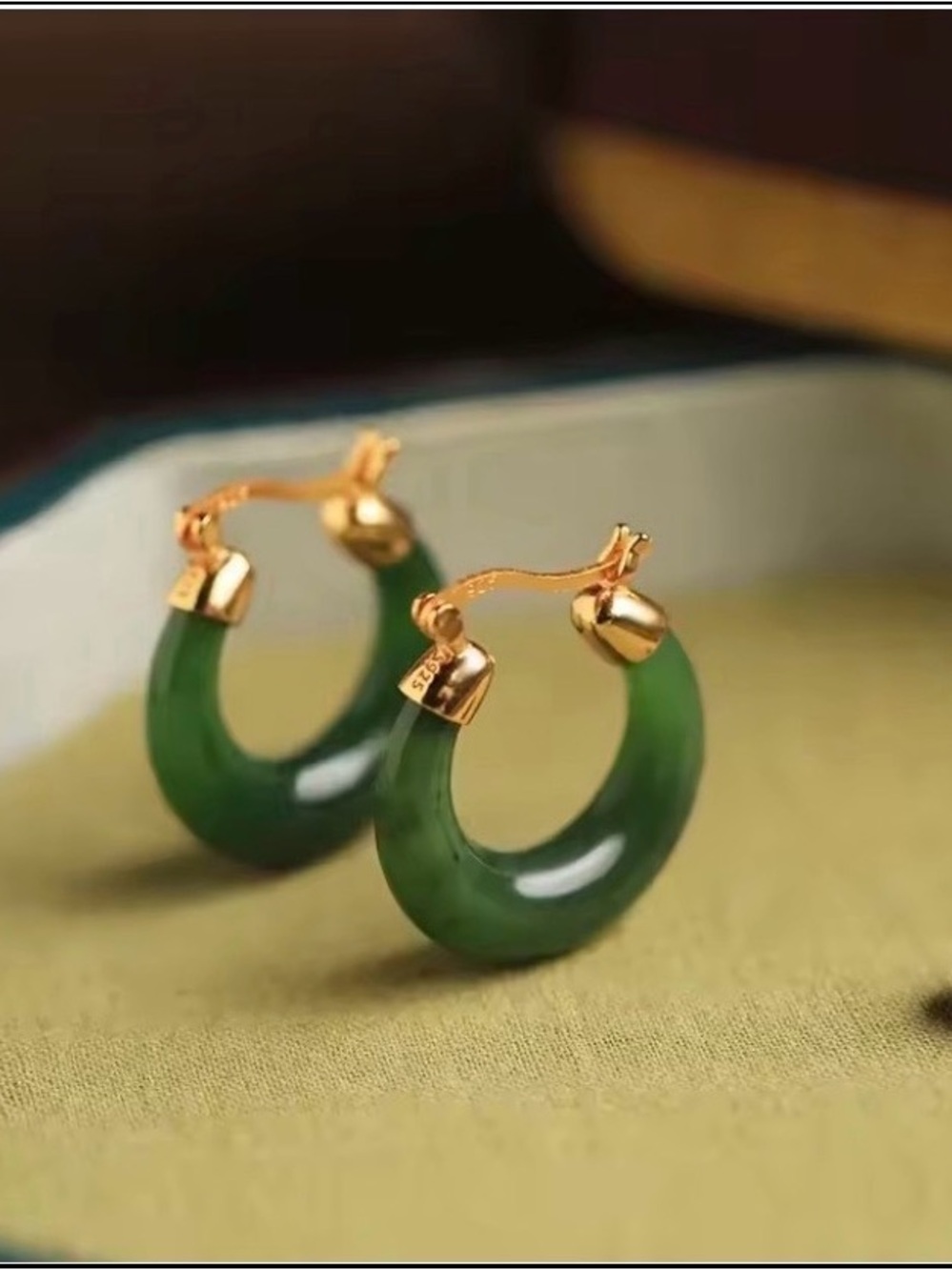 Genuine Natural Green Nephrite Jade Hoop Earrings 14K Gold Plated